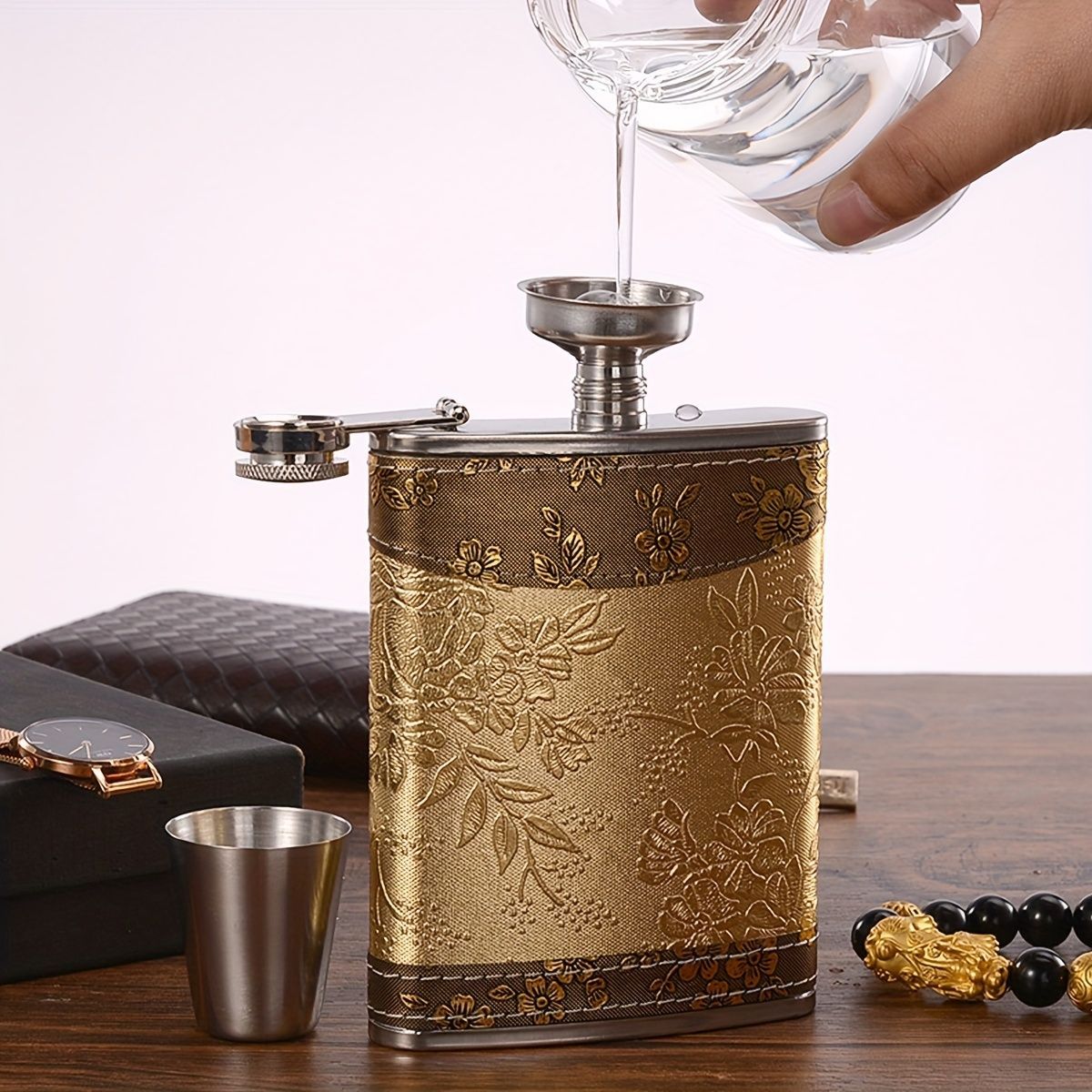 ウイスキーボトル フラスコ セット スキットル ゴールド 金色 花