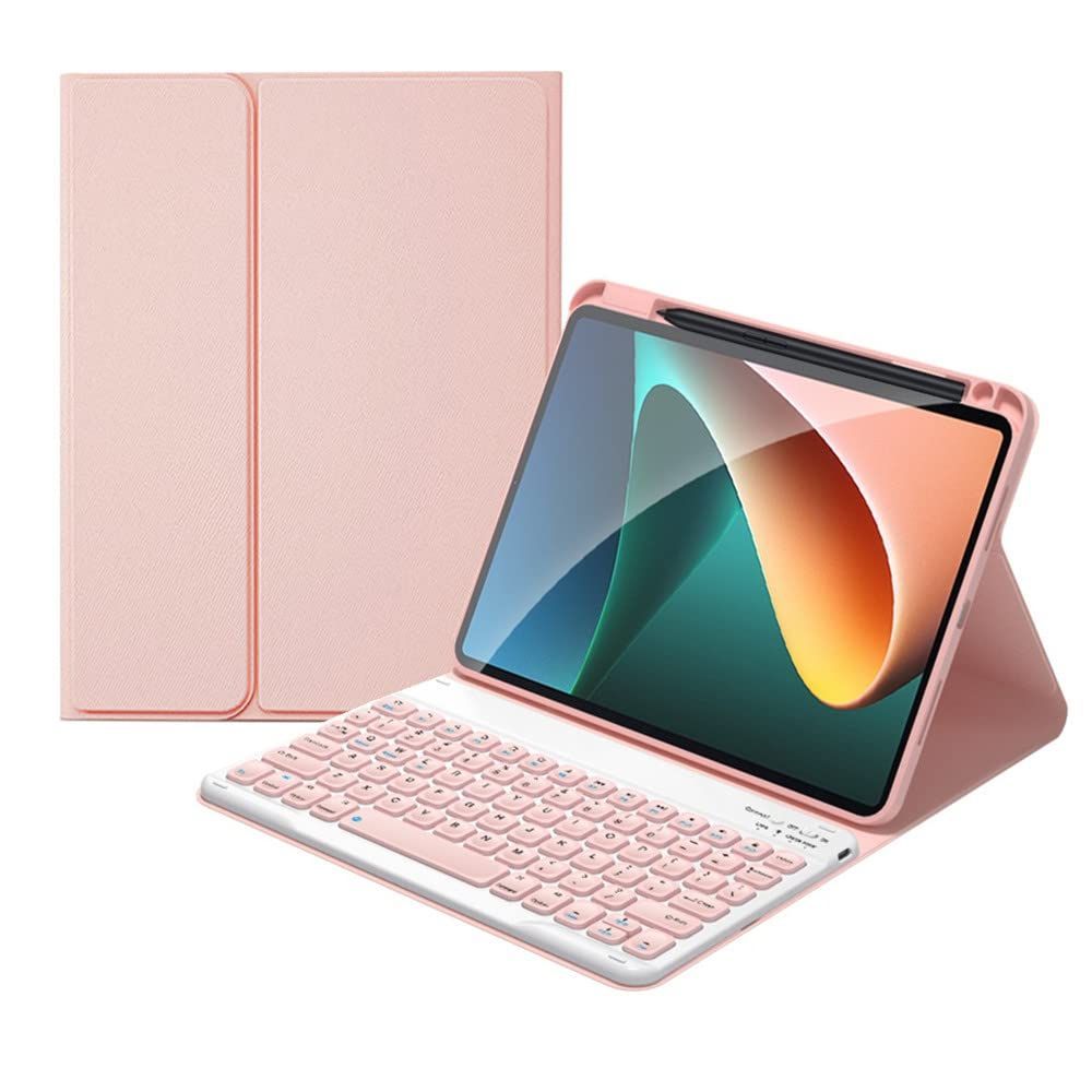 新品 Xiaomi Pad 5 キーボードケース ペンホルダー付き 丸いキー 球状くぼみ 入力しやすい シャオミ Xiaomi Pad 5 Pro 5G キーボード付き カバー 分離式 マグネット Bluetooth キーボード (ピンク)