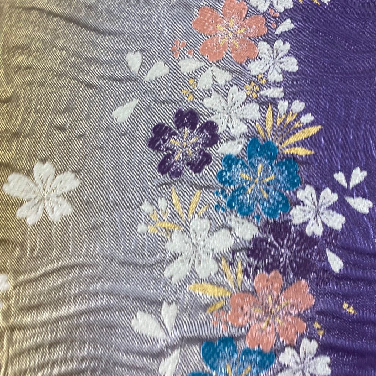 袋帯 美品 秀品 桜 花びら 刺繍 箔 紫 六通 正絹 【中古