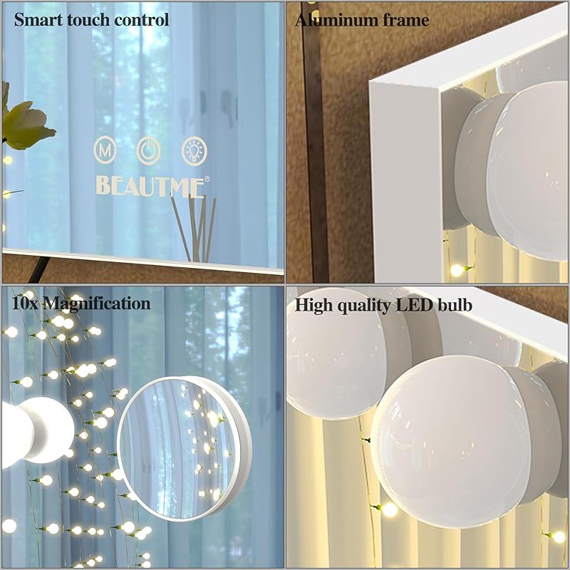  BEAUTME 女優ミラー 卓上ミラー 化粧鏡 ライトモード 明るさ調整 LED電球付き ハリウッドミラー 台座付き 卓上 壁掛け両用 白い 72 x 54.2 cm 1 ミラー 手鏡 メイク道具 化粧小物