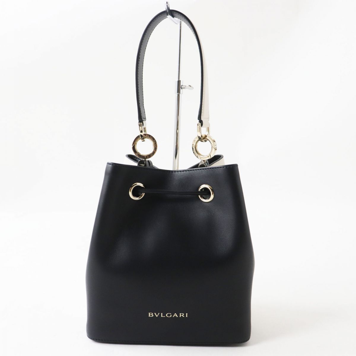 極美品◎伊製 BVLGARI ブルガリ 288210 ビーゼロワン レザー バケットバッグ 2WAY ハンド／ショルダー ブラック×アイボリー  保管袋付き