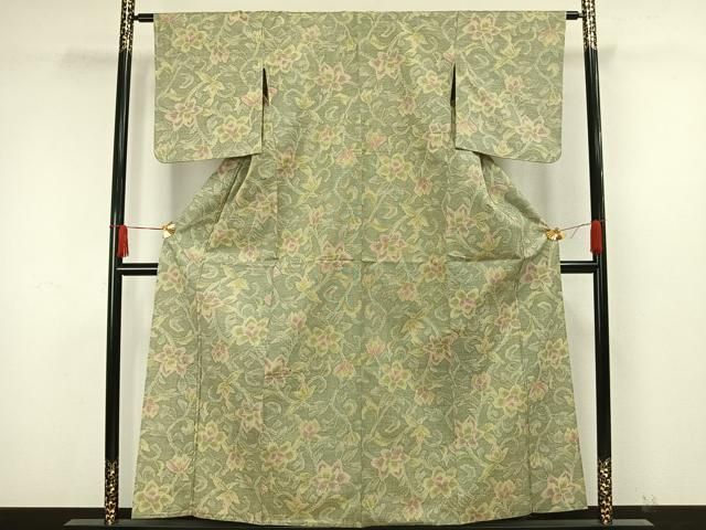 平和屋着物▽上質な紬　単衣　草花文　正絹　逸品　AAAW7614fy 平和屋着物▽上質な紬 単衣 草花文 正絹 逸品 AAAW7614fyの通販 by