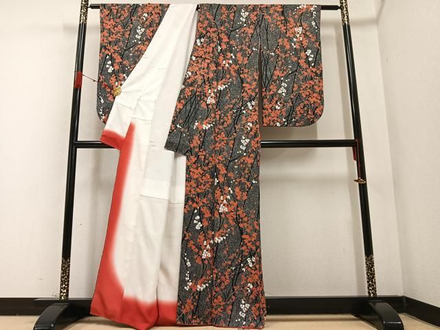 平和屋着物 小振袖 二尺袖 枝花文 たたき染め 黒地 正絹 AABB7257ph