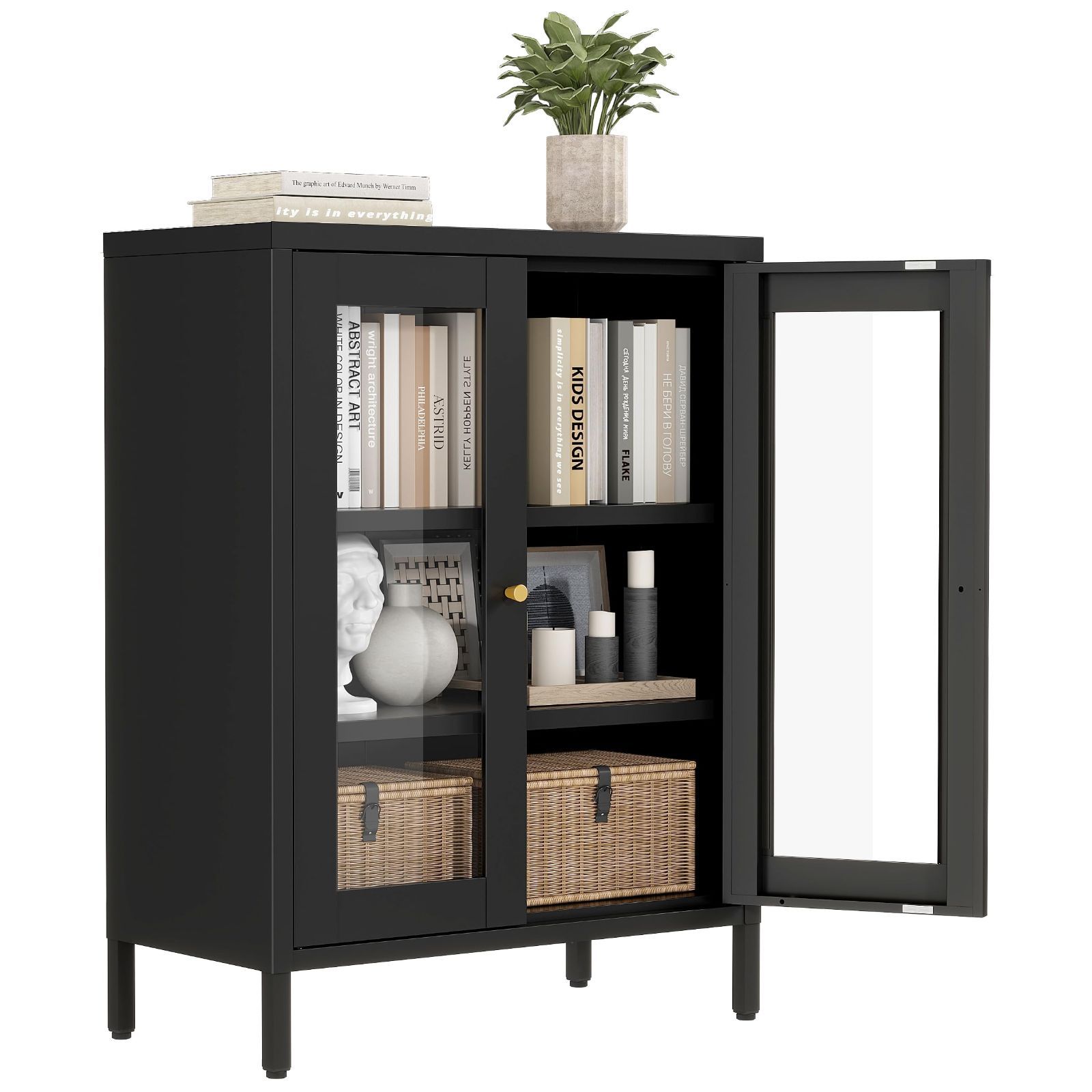 Boegica サイドボード 収納棚 キャビネット 扉付き キッチン収納 鋼製書庫 収納ボックス 調節 な棚付き 幅60奥行30×高さ80cm 組立品 ガラス陳列棚 MARWIL-DEMENAGEMENTS_CH