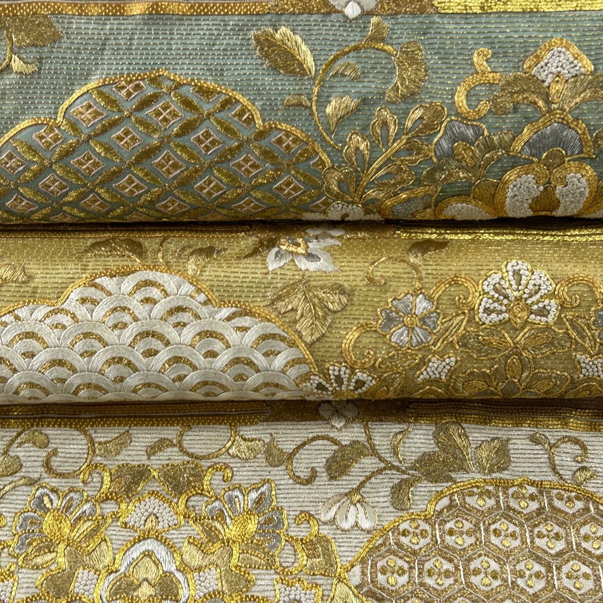 名品コレクション 袋帯 ベージュ 黄色 花唐草  華文  六通 名品コレクション 袋帯 ベージュ 黄色 花唐草 華文 六通 袋帯 逸品