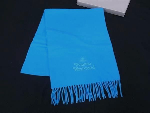 Vivienne Westwood ヴィヴィアンウエストウッド オーブ ウール100％ フリンジ マフラー ライトブルー系 FI5802