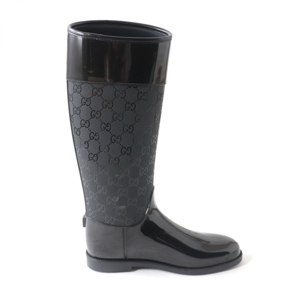 未使用級 GUCCI ロング レイン ブーツ GG柄 靴 37 ラバー 黒 総柄 良品☆GUCCI グッチ GG柄 ロゴ入り ロング丈 レインブーツ