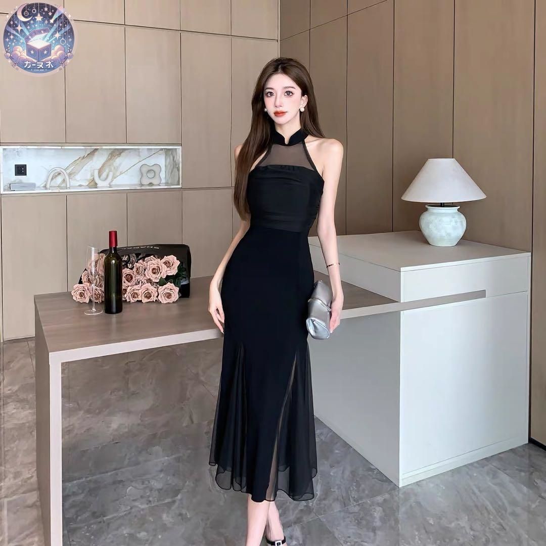 新品未使用 シンプルホルターネック シースルー切り替えドレス♪結婚式