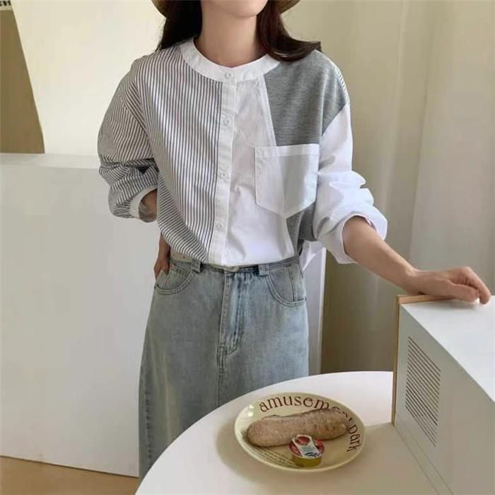 ブラウス シャツ アシメストライプシャツ レディース SUIT SQUARE シャツ ブラウス トップス レディース バンドカラー