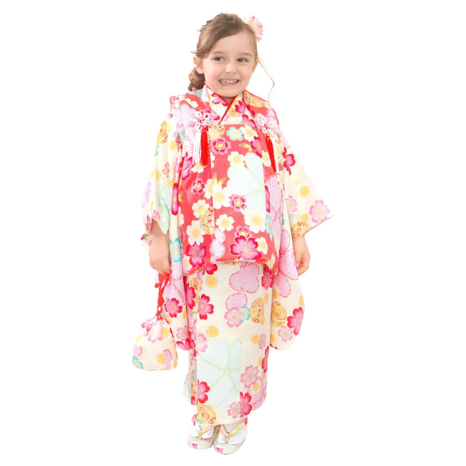 KYOETSU キョウエツ 着物セット 七五三用 3歳用 被布セット 華やかC 9点セット 柄被布 柄着物 伊達衿 長襦袢 髪飾り 巾着 草履 腰紐 足袋 ガールズ ワンサイズ 17.桜鞠の夢幻