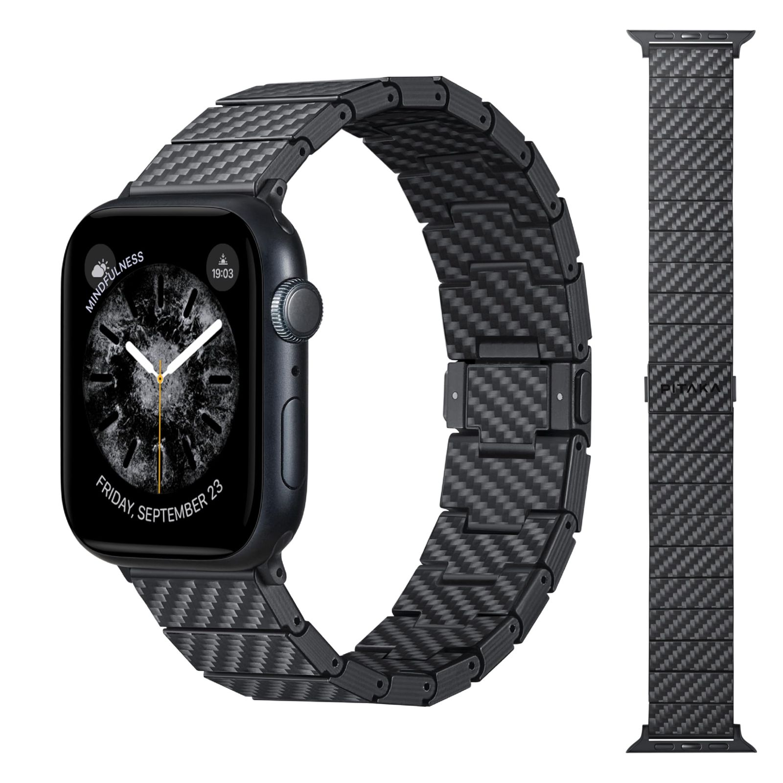 カーボン製 ウォッチバンド モダン Apple Watch全世代対応 バンド Series Ultra2|Ultra|10|9|8|7|6|SE2|SE|5|4|3 に最適 軽量設計で 上の触り心地 マグネット対応 バネ棒付き サイズはコマで調整 脱着…