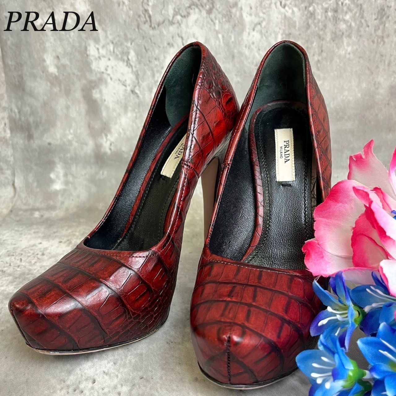 ✨良品✨ PRADA プラダ パンプス 35 22cmハイヒール クロコ型押し ロゴ 
