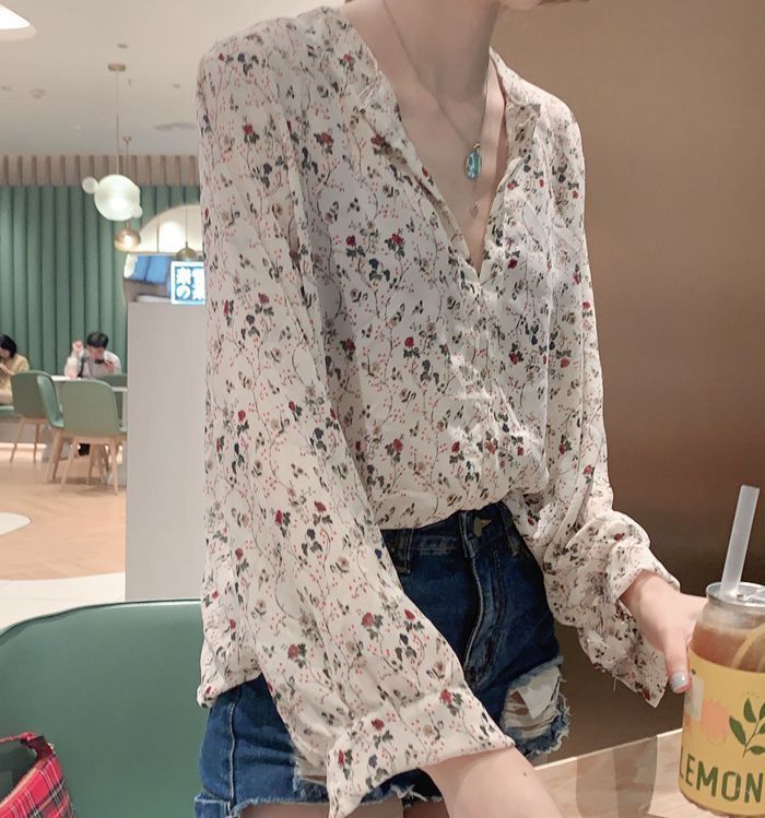 ブラウス シフォン ボリューム袖 レディース シフォンブラウス 花柄 長袖 薄手 エレガント 上品 華やか 二の腕カバー トップス 柄 オフィス シフォンブラウス シアー トップス シャツ レディース 長袖