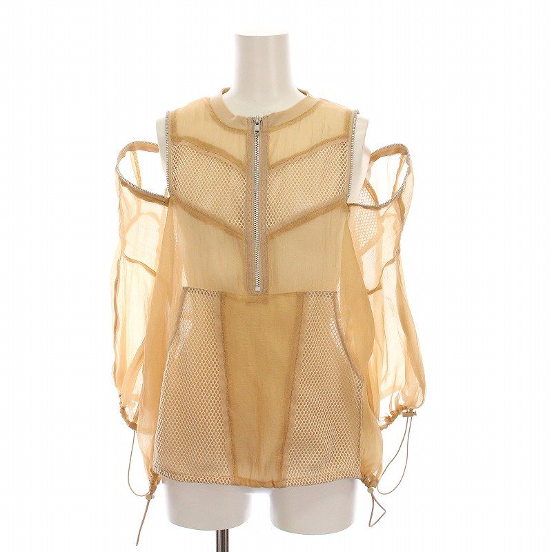 アウラアイラ AULA AILA ZIP UP SHEER TOPS ジップアップシアートップス カットソー シースルー 五分袖 0 ベージュ 1242-04009 |YM