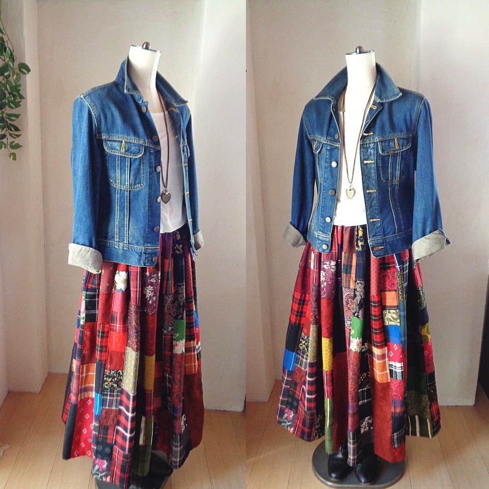 絵画なパッチワーク 大人のチェック＆フラワー ボリュームギャザースカート マキシ丈