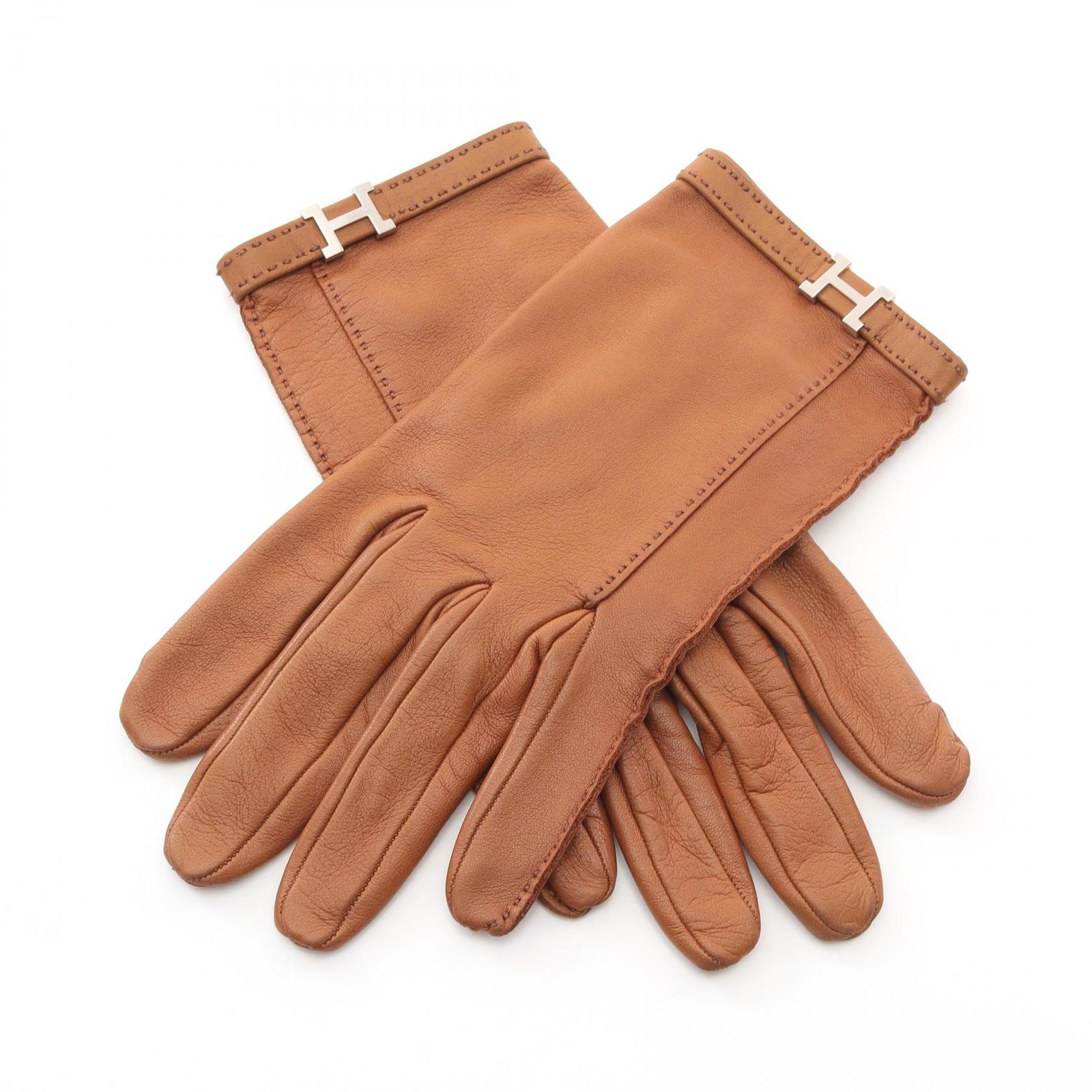 エルメス HERMES 手袋 Hロゴ ブラウン ラムスキン 羊革 手袋 ブラウン H金具 レディース Used B