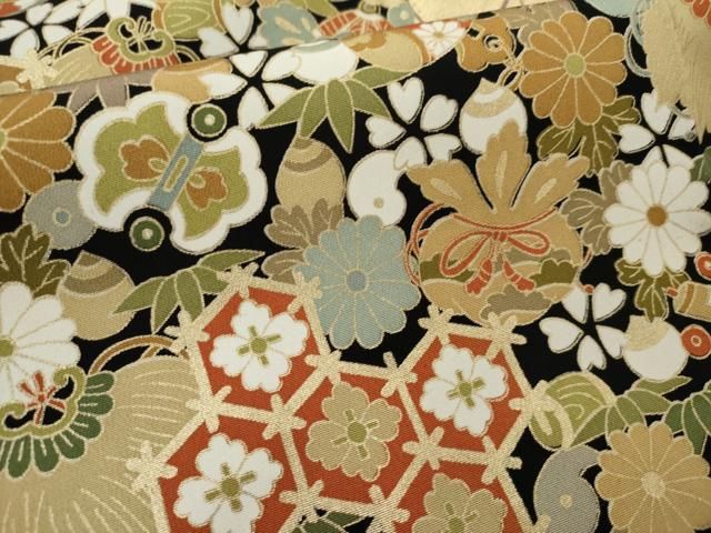 平和屋着物□豪華黒留袖 駒刺繍 扇面飛鶴宝尽くし文 金彩 正絹