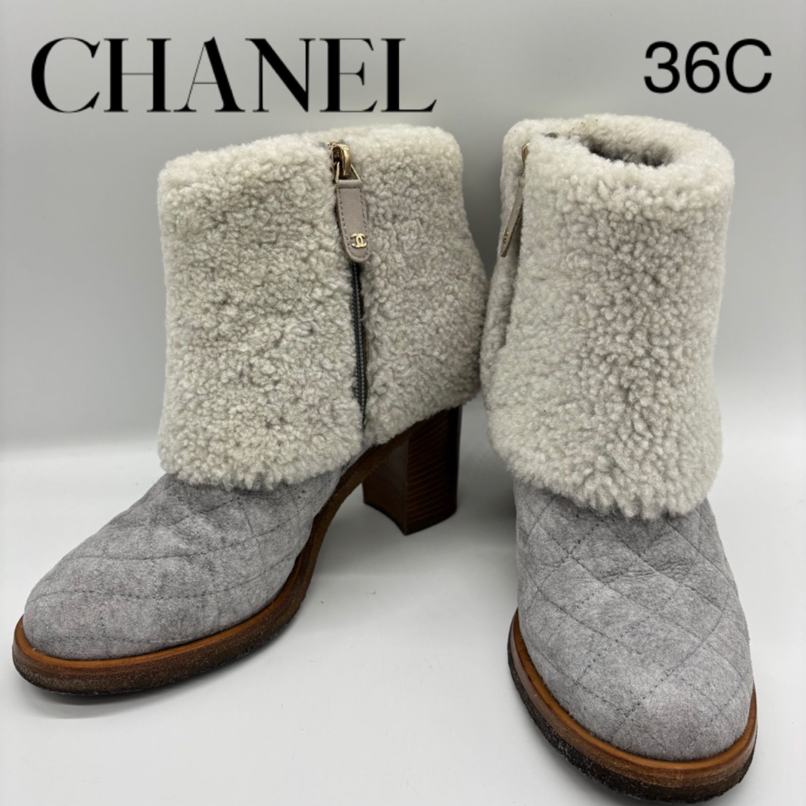 CHANEL シャネル ブーツ ムートン レザー ショートブーツ グレー 36C