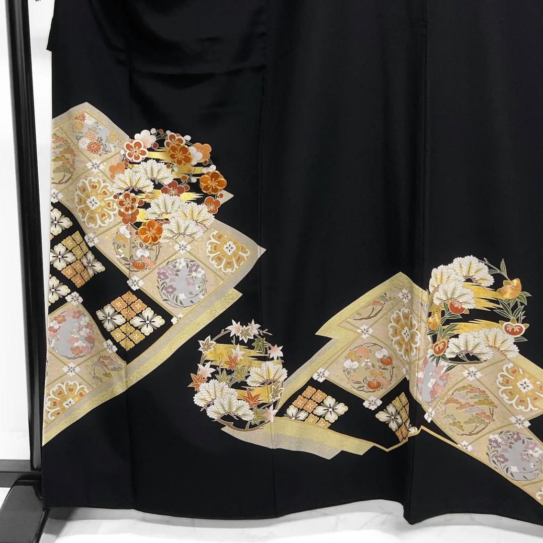 黒留袖 金駒刺繍 金彩 花紋 花菱 梅 松 橘 菊 五つ紋 着物 064a