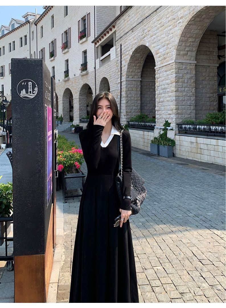 春セクシーコントラストニットドレスロング丈ワンピース