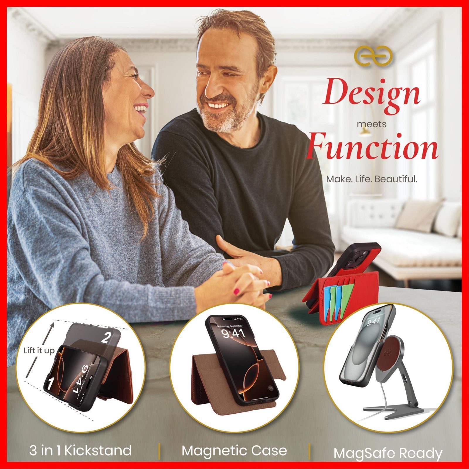 商品 16 iPhone Pro Max用 Apple - ヴィーガンレザー製 マグネット着脱式 財布型ケース 耐衝撃 携帯電話ケース フィボナッチ Fibonacci 2イン1 RFIDカード保護機能 2通りに使えるフリップスタンド付き Dreem