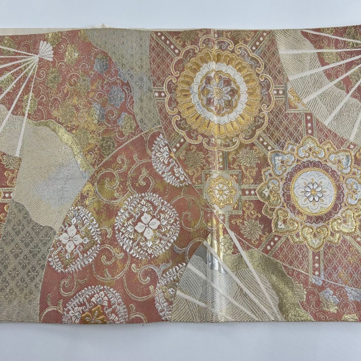 袋帯 美品 秀品 華文 箔 金糸 クリーム 六通 正絹 【中古】