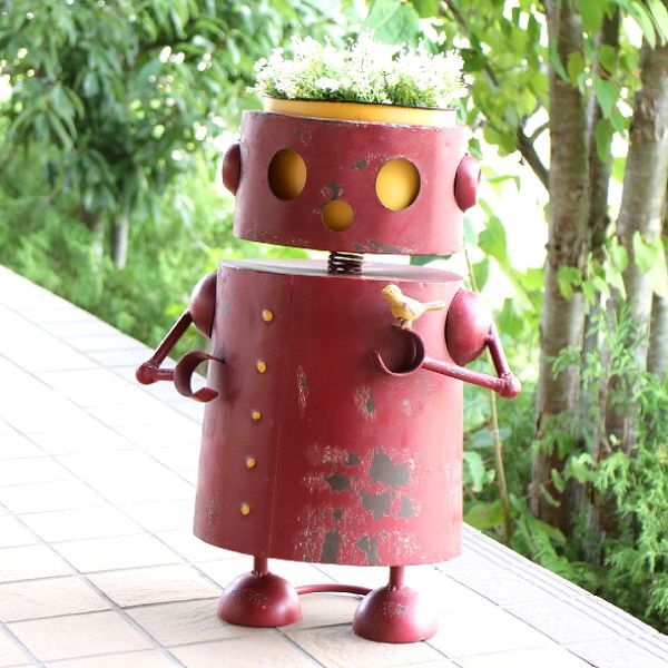 植木鉢 かわいい ブリキ ロボット 鉢 5号 おしゃれ オブジェ 置物 プランター 可愛い レトロ アンティーク ブリキロボのフラワーポット Red