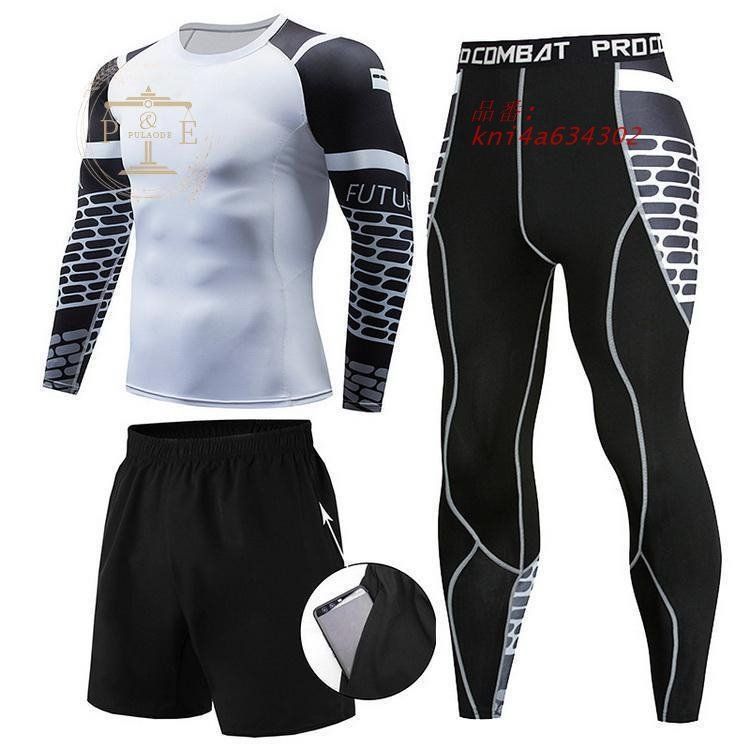 フィットネスウエア 3枚組 コンプレッションウェア 上下セット 加圧シャツ ハーフパンツ ロングタイツ メンズ トレーニング kni4a634302 LLC-HASEGAWATOSO_COM