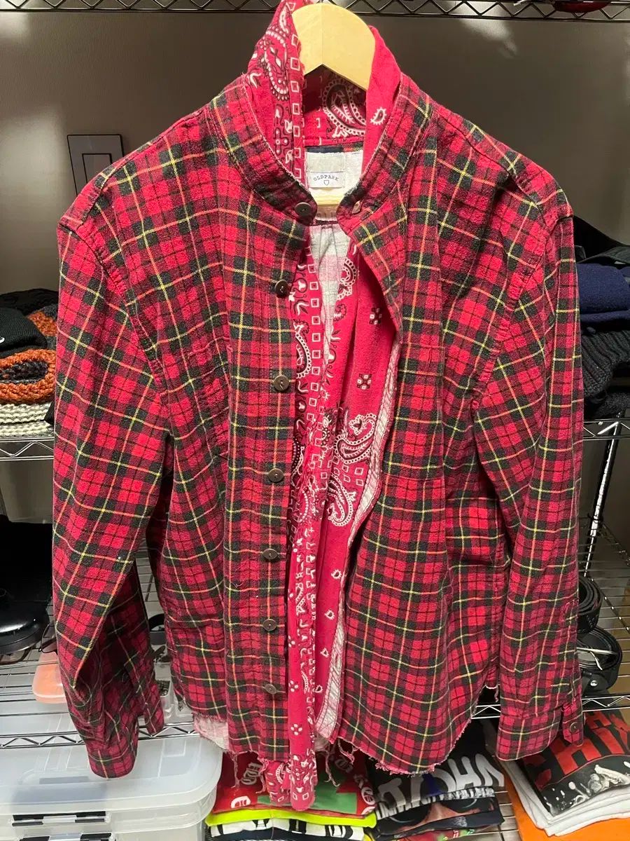 OLD PARK オールドパーク リメイク バンダナ チェック ネル プルオーバー シャツ ジャケット サイズF ブルー系 OLDPARK