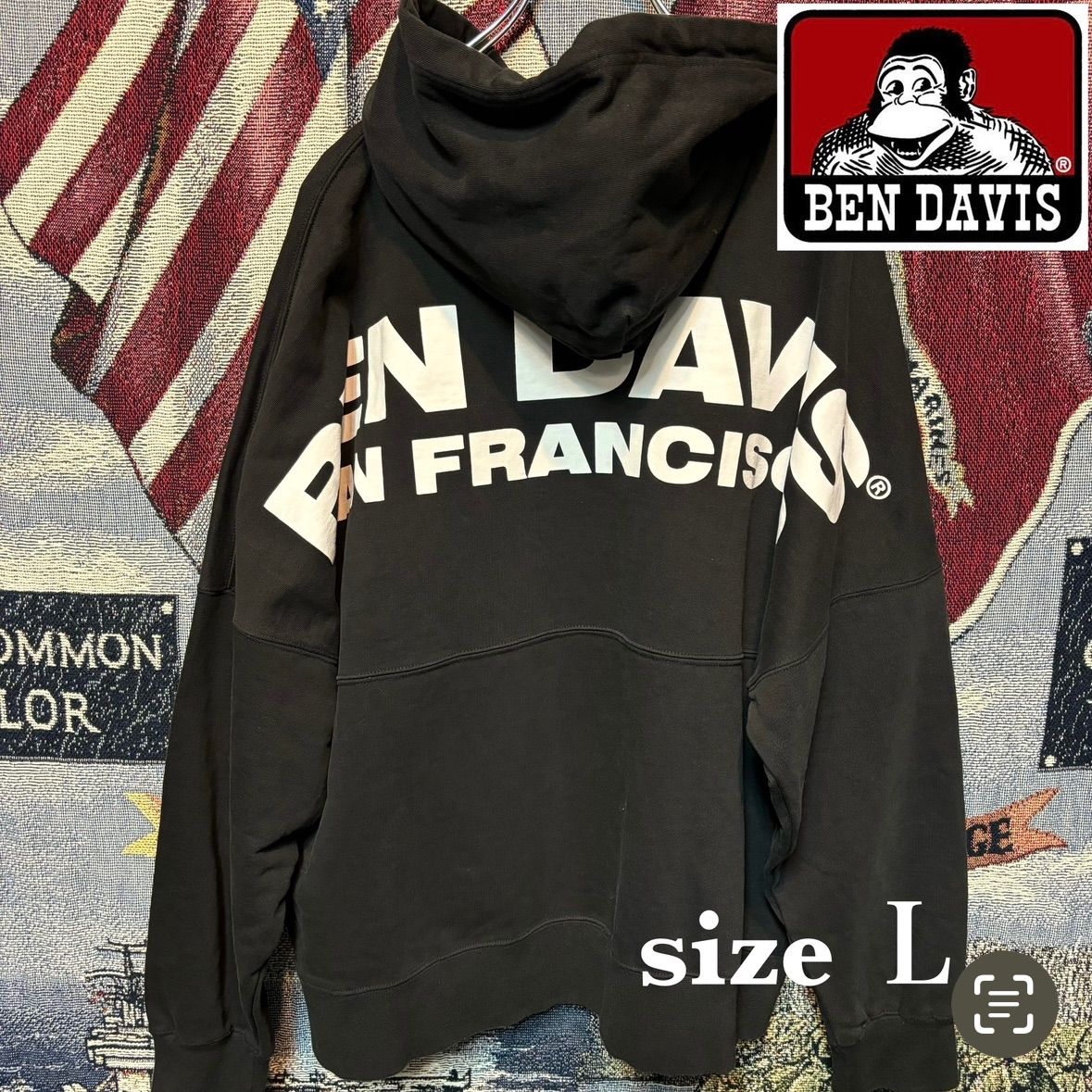 【古着】BEN DAVIS(ベンデイビス)パーカー 黒 L バックプリント