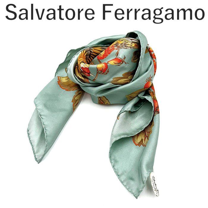 フェラガモ Salvatore Ferragamo スカーフ 鳥 草花柄 ボタニカル
