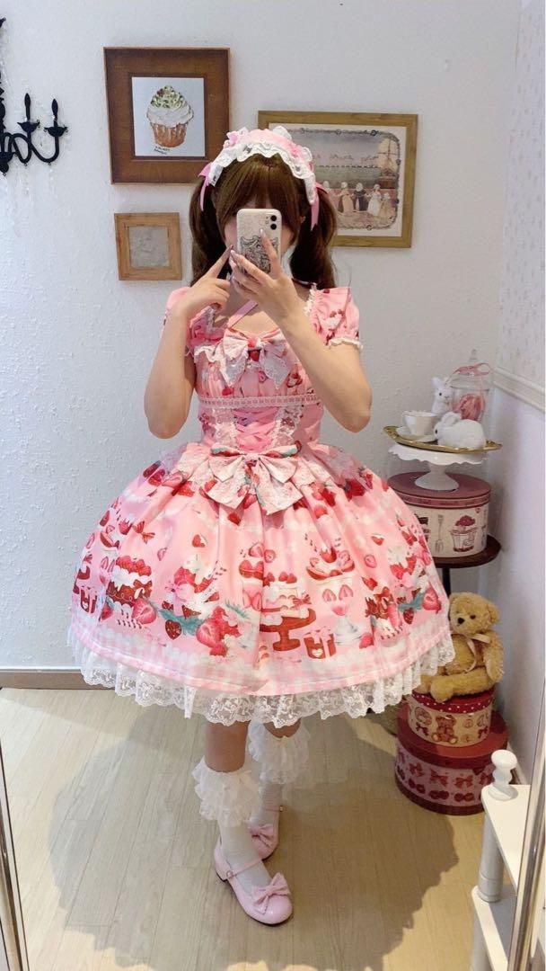【苺パフェ】ロリータドレス リボン可愛いゴスロリ 森ガール 姫様スイーツ柄ピンク 苺パフェ】イチゴ ロリータドレス リボン 可愛いゴスロリ 森