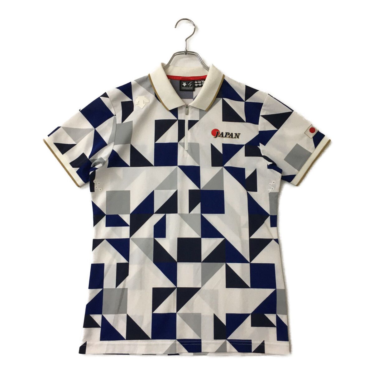 中古 メンズ デサントゴルフ DESCENTE GOLF 半袖ポロシャツ L 白×紺 ホワイト×ネイビー ハーフジップ  総柄