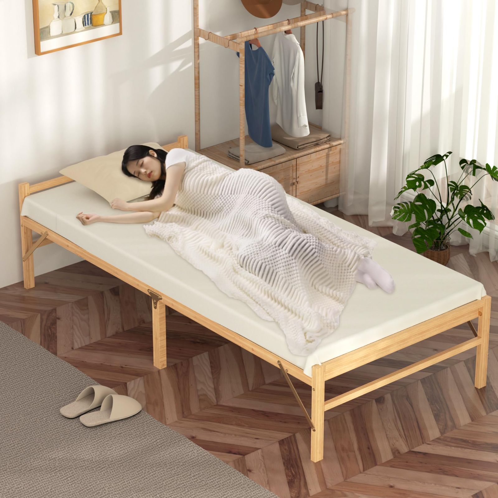 APRTAT 折り畳みベッド 竹製 組み立て不要 横幅80cm ベッド ベッドフレーム 耐荷重200kg シングルベッド ナチュラル