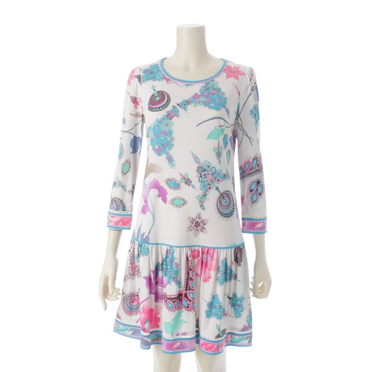 レオナール カンカン フラワー 花柄 宝石 総柄 長袖 ワンピース ドレス 0190213 ホワイト 38