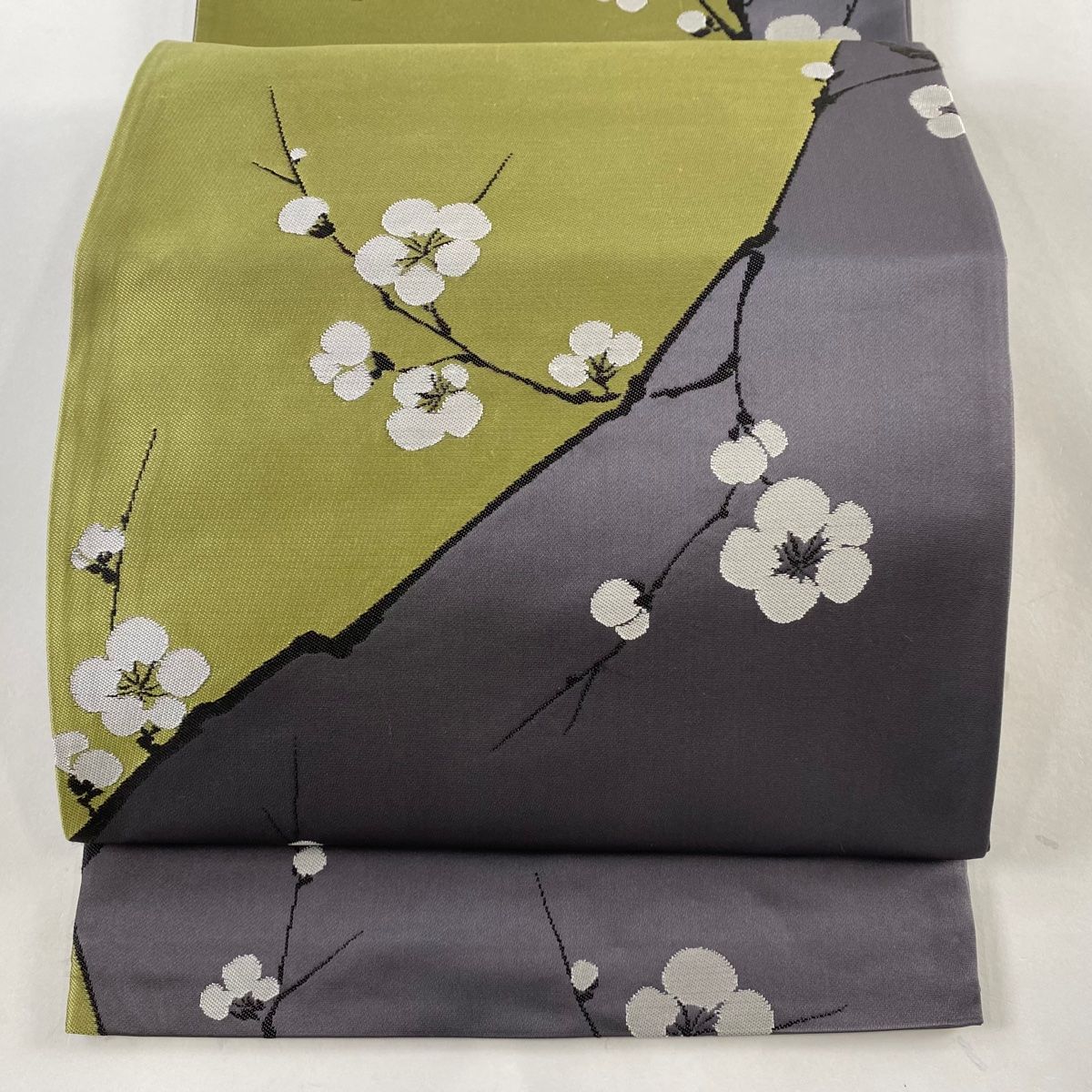 丸帯 辻村ジュサブロー 落款 枝梅 抹茶色 六通 正絹