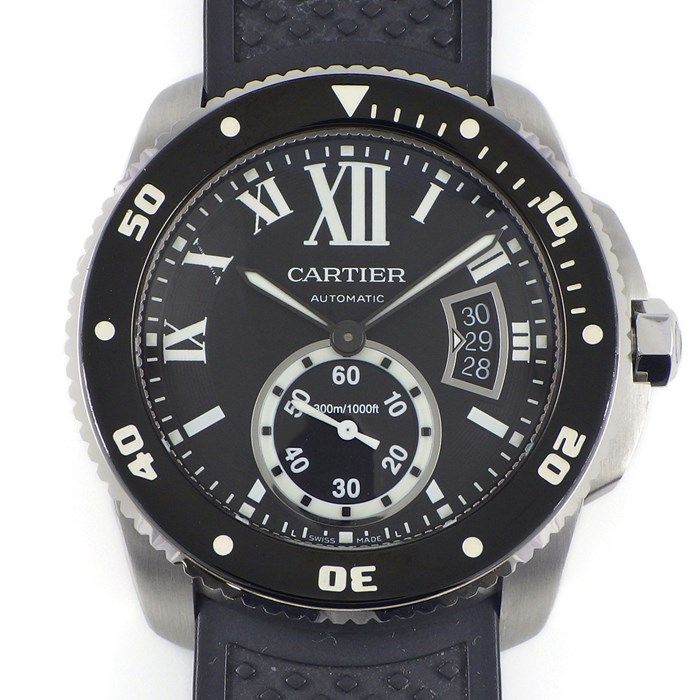 カルティエ Cartier 腕時計 カリブル ダイバー W7100056 デイト スモールセコンド 回転ベゼル 夜光インデックス 夜光針 ブラック文字盤 SS ブラック ラバーベルト 自動巻き