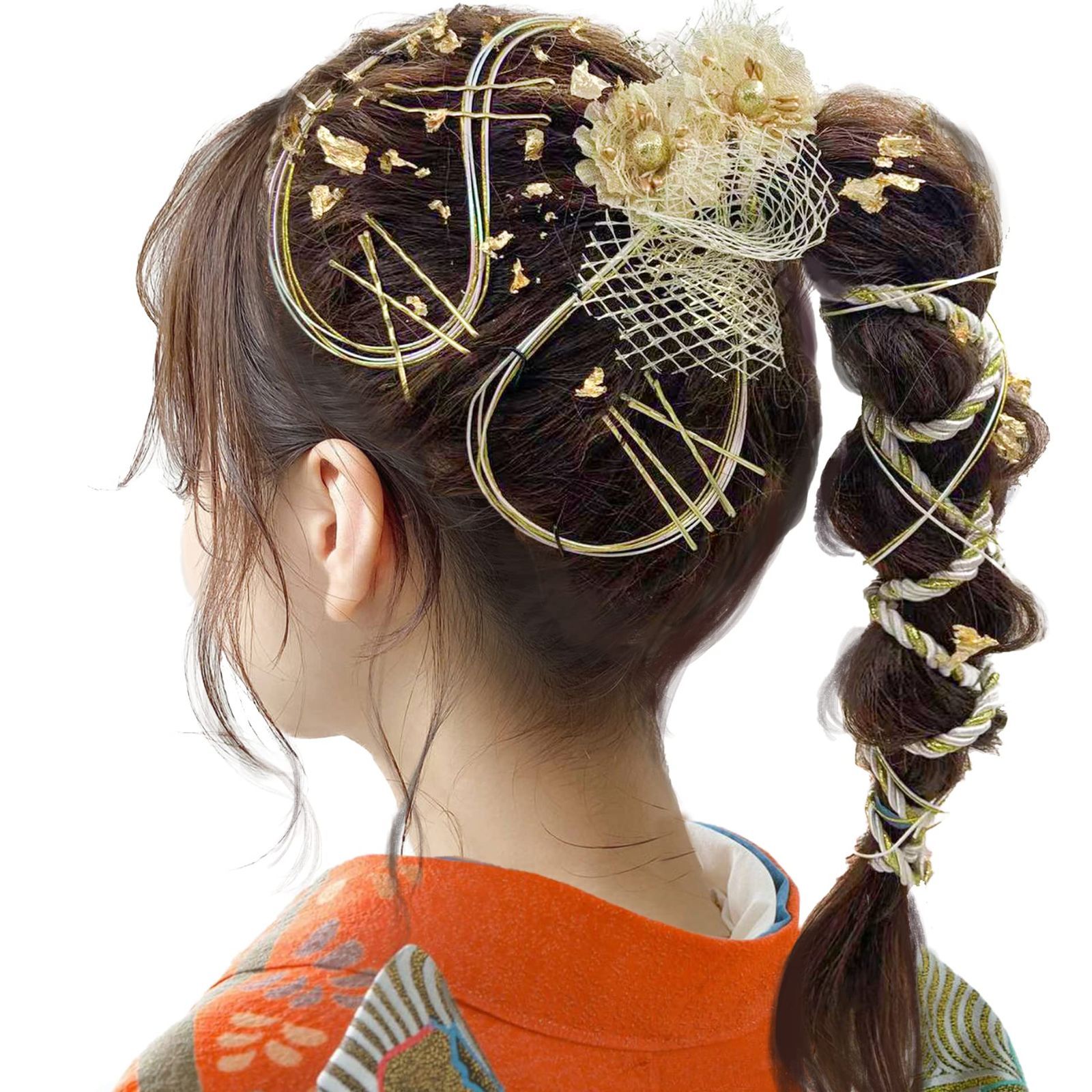前撮り ヘアアクセサリー 振袖 シルバー 卒業式 ゴールド 結婚式 ロープ 和装 人気 袴 組紐 着物 銀箔 浴衣に 金箔 ブライダル 水引 花嫁 成人式 ヘッドパーツ 髪飾り J0010 [JZOON]