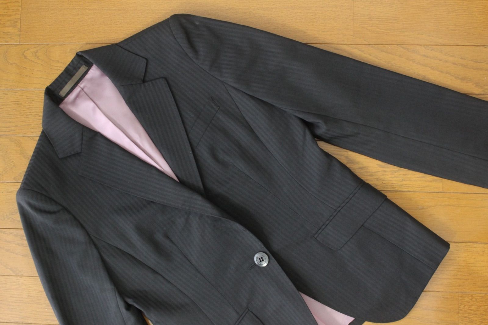 02 ポール スチュアート スカートスーツ 9 ブラック 黒 シャドウストライプ M セットアップスーツ 面接 ビジネス Paul Stuart