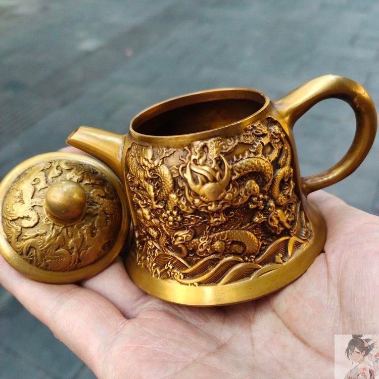 銅細工 浮彫り竜茶壺 酒壺 茶道 工芸品 置物 装飾品 美術品