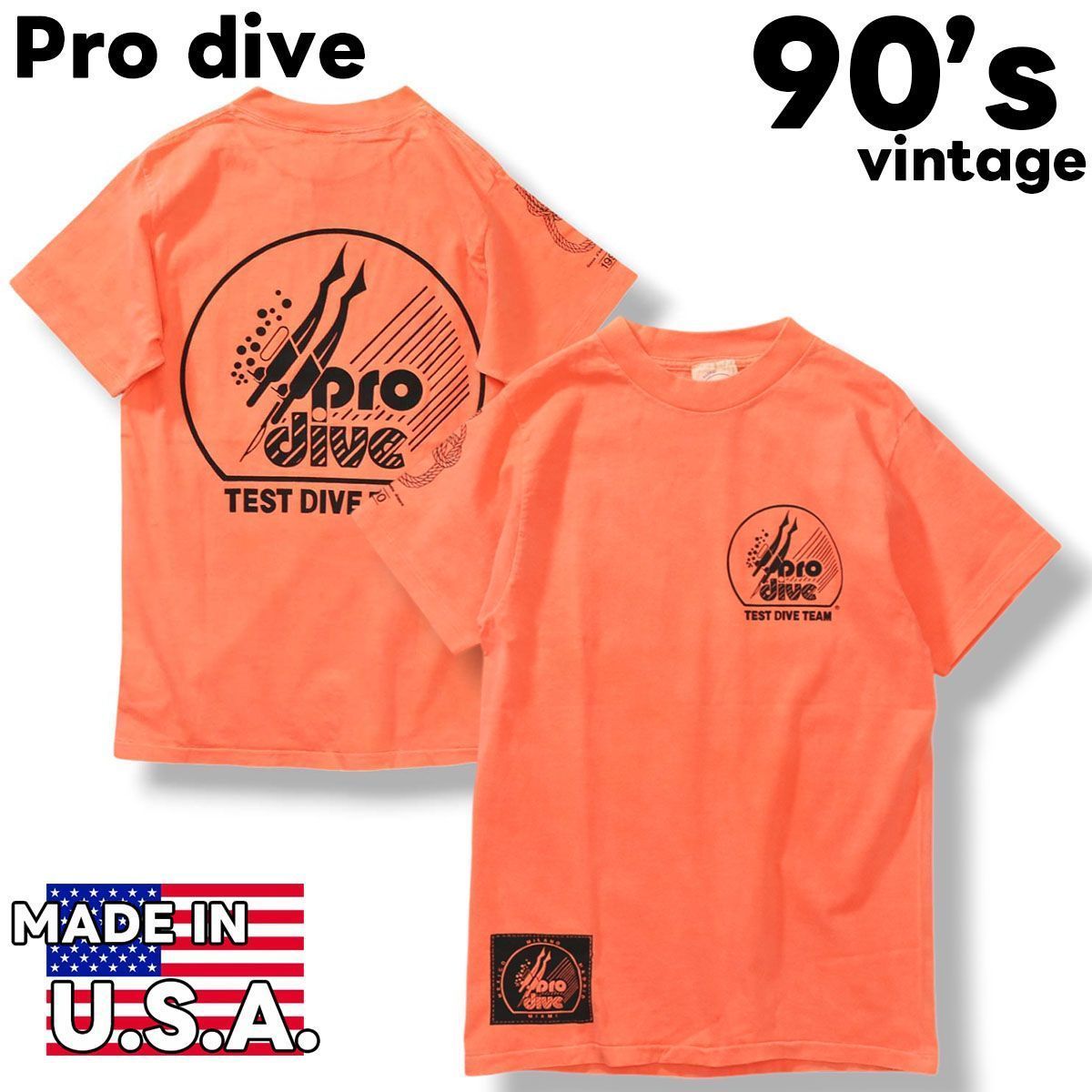 美品】 90s ヴィンテージ USA製 プロ ダイブ Pro dive スキューバー ダイビング チーム Tシャツ M オレンジ メンズ