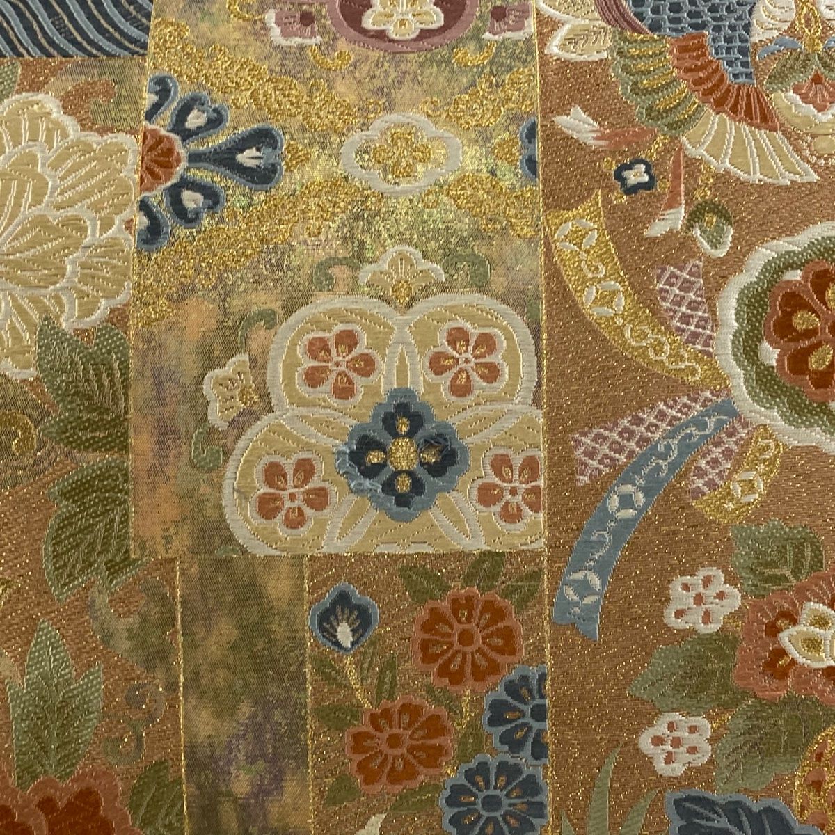 袋帯 秀品 向かい鳥 草花 金糸 箔 茶紫 六通 正絹