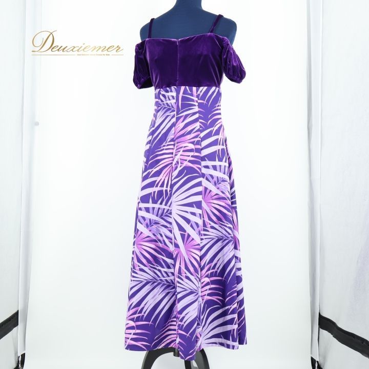 格安 フラダンス 衣装 ワンピース ドレス パープル系 u ino! フラ ダンス ヤシ柄 ベロア 鮮やか 華やか 光沢 感 オフショルダー ハワイ製 ハワイアン アロハ ハワイアンプリント uino 寛大な