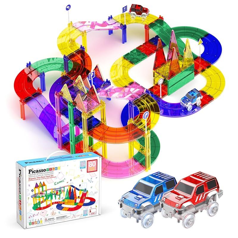 PicassoTiles 80 ピース レースカー トラック ビルディングブロック 教育玩具セット 磁気タイル マグネット DIY プレイセット 2 ライトアップ 車 STEM 学習 組み立てキット 手と目の協調 細かい運動技能トレーニング 0