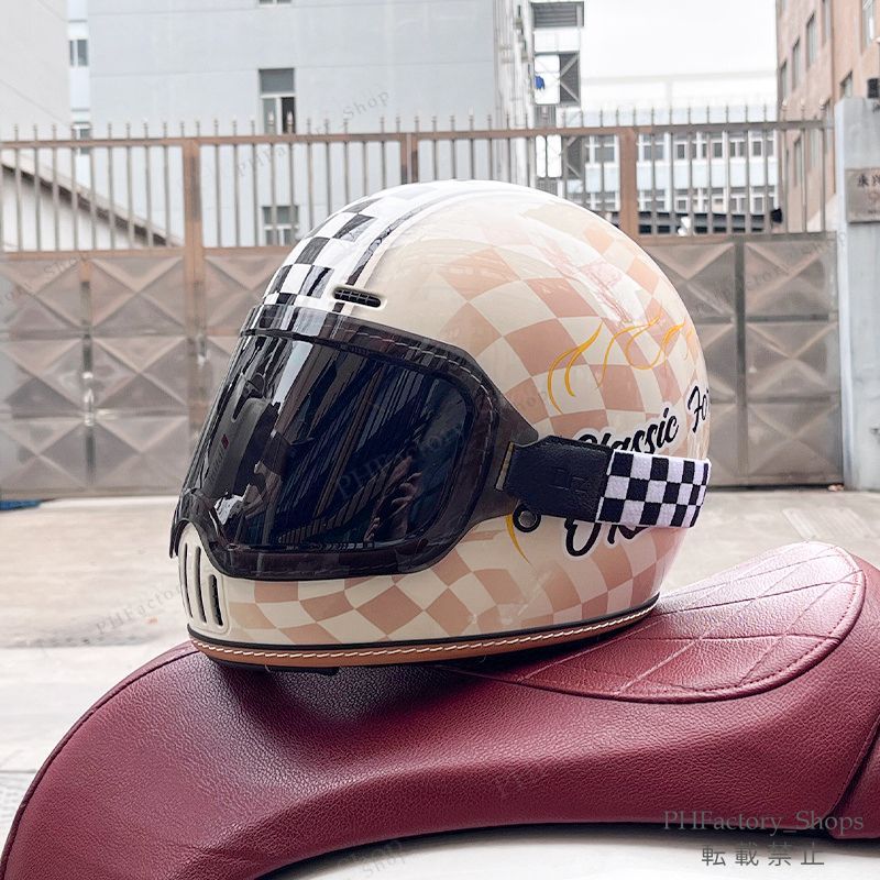 レトロヘルメット クラシック フルフェイスヘルメット ゴーグルが付き バイクヘルメット DOT認定 耐久性 安全性 通気性 男女兼用 チェック柄 ベージュ A171