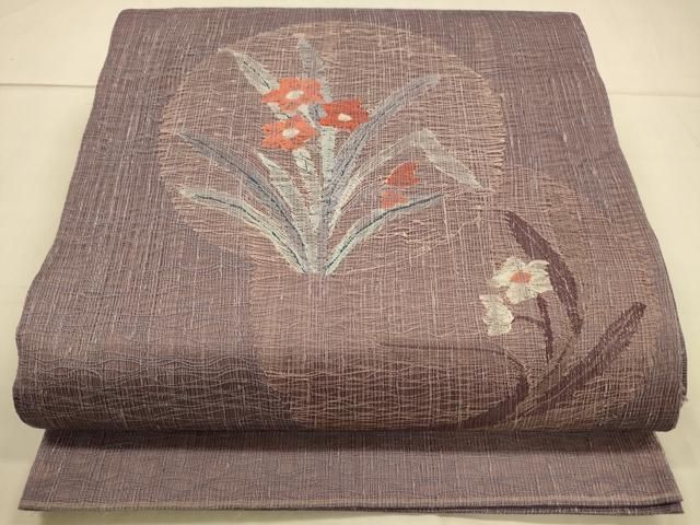 平和屋着物○太鼓柄袋帯 作家物 紬地 更紗飾花間道