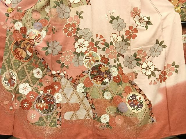 平和屋着物●振袖用長襦袢　無双仕立て　半衿刺繍　舞桜　暈し染め　正絹　逸品　AAAT3046np 平和屋着物○振袖用長襦袢 無双仕立て 半衿刺繍 舞桜 暈し