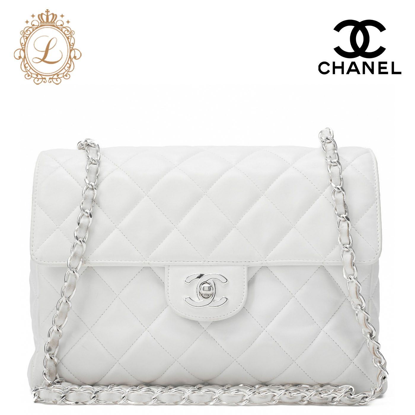 CHANEL シャネル チェーンショルダーバッグ マトラッセ ラムスキン 白 ゴールド金具 ターンロック シングルフラップ ブランド 送料無料