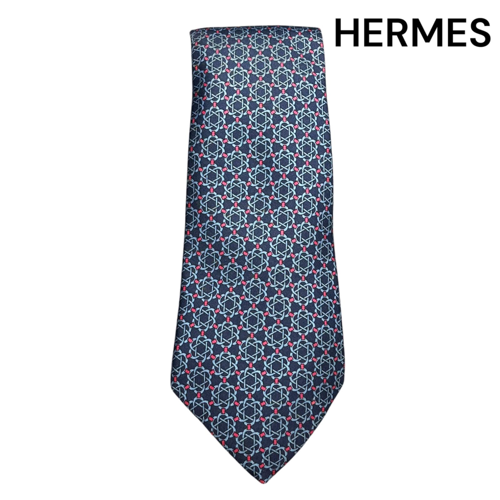 エルメス HERMES 高級感ある総柄 シルク ネクタイ ブルー メンズ