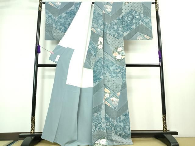 平和屋着物□極上 小紋 藍 切嵌花文 鬼しぼ縮緬 逸品 DZAA7322kh5